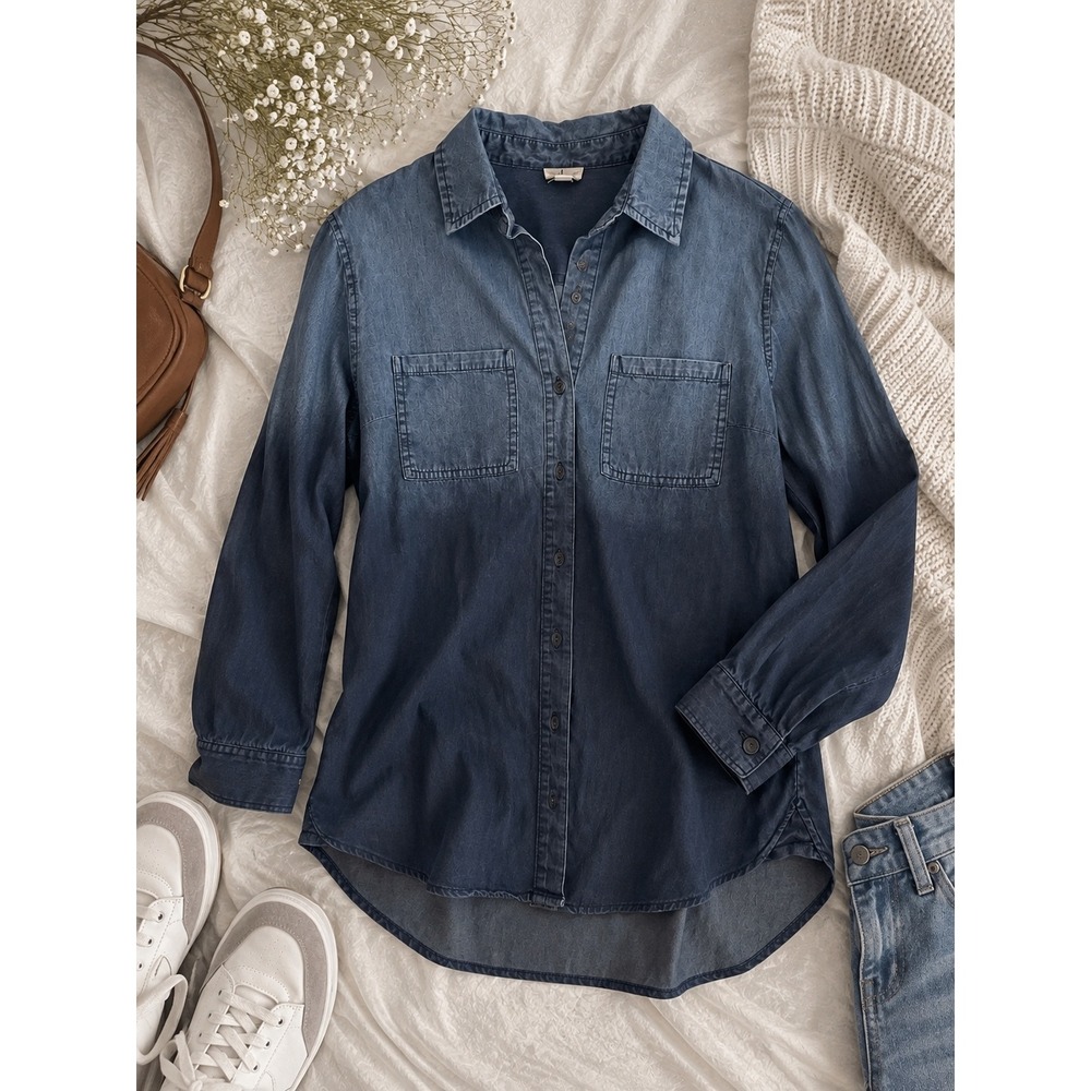 Tribal Jeans Womens XS Dark Wash Chambray Button Down Shirt Long Sleeve Cotton
